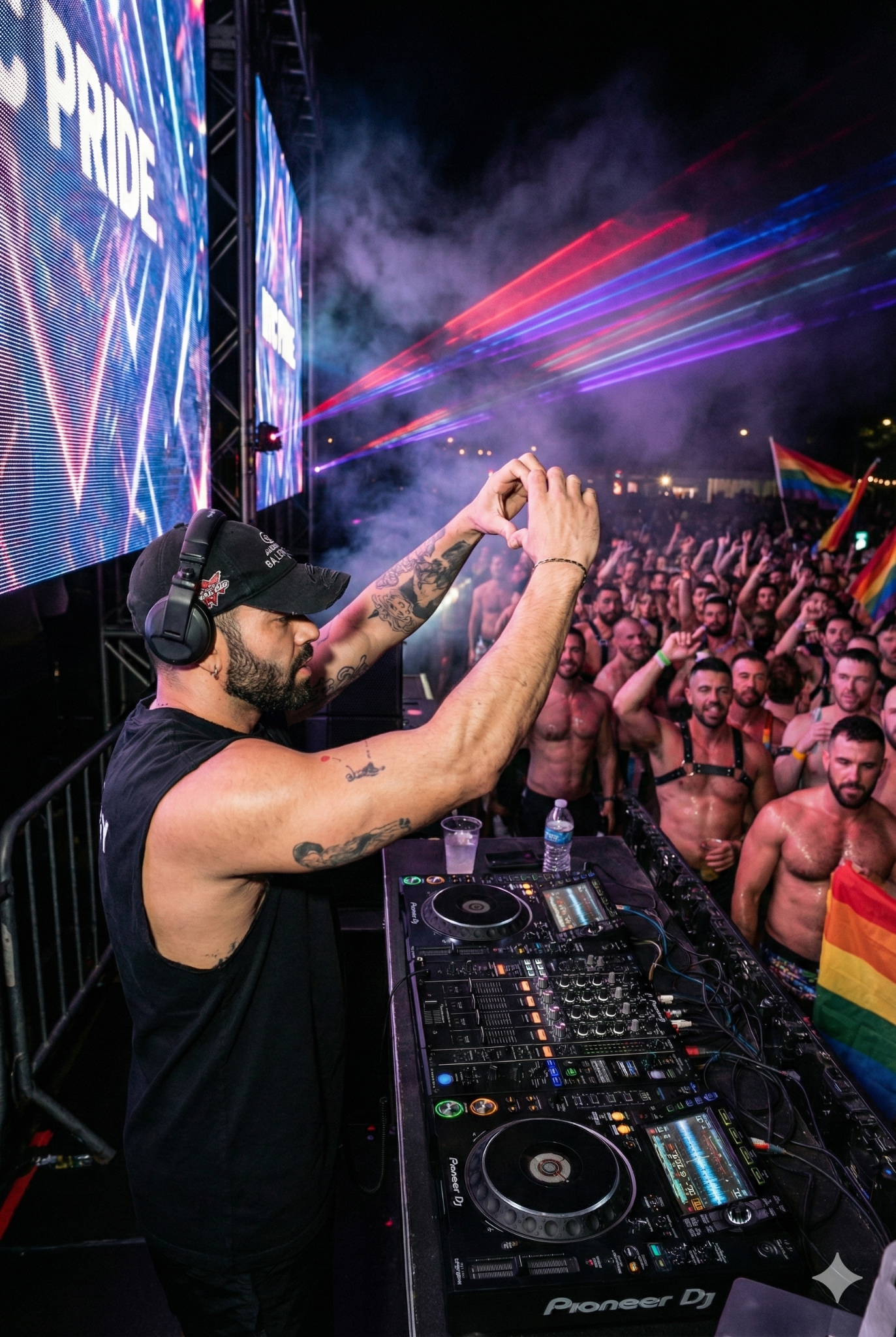 DJ Adriano Dolce making a heart with hands in front of a crowd